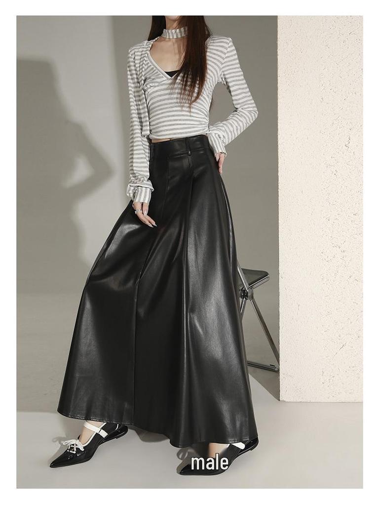 Women's High-End Retro Black PU Leather Pleated Midi Skirt - New Autumn/Winter Slim Fit, Large Swing Umbrella Style