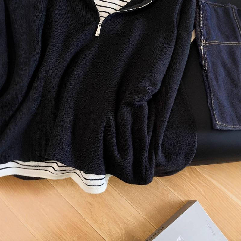 Fake Two-piece Hooded Long-sleeved Knitted Sweater Women's Autumn New Pleated Waist Design Top