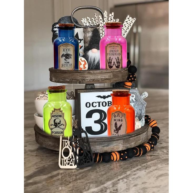 Halloween Glass Potion Bottle,4 Set of Apothecary Bottles with 8pcs Halloween Labels Stickers,Colorful Glass Decorative Jar, Corked Bottle, Halloween