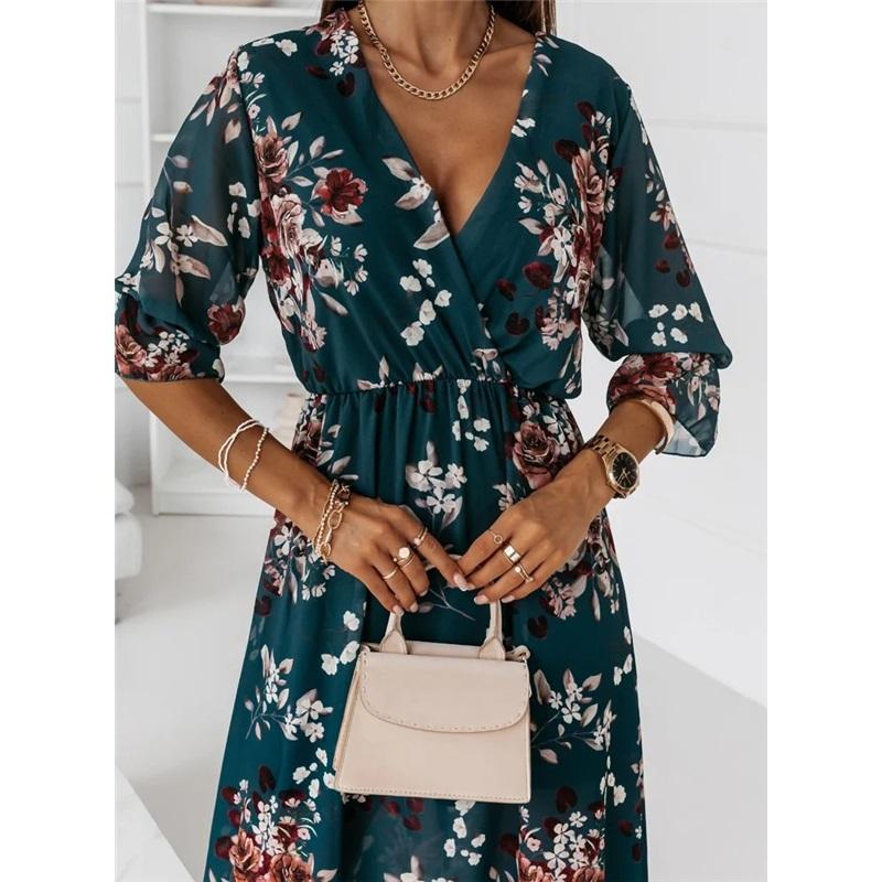 Women's Summer Dress Long Sleeve V-neck Side Slit Printed Long Dress