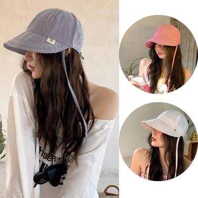 Wide Brim Baseball Cap for Women Men, UV Protection Sun Hat with Drawstring, Fashion Casual Striped Lightweight Peaked Cap