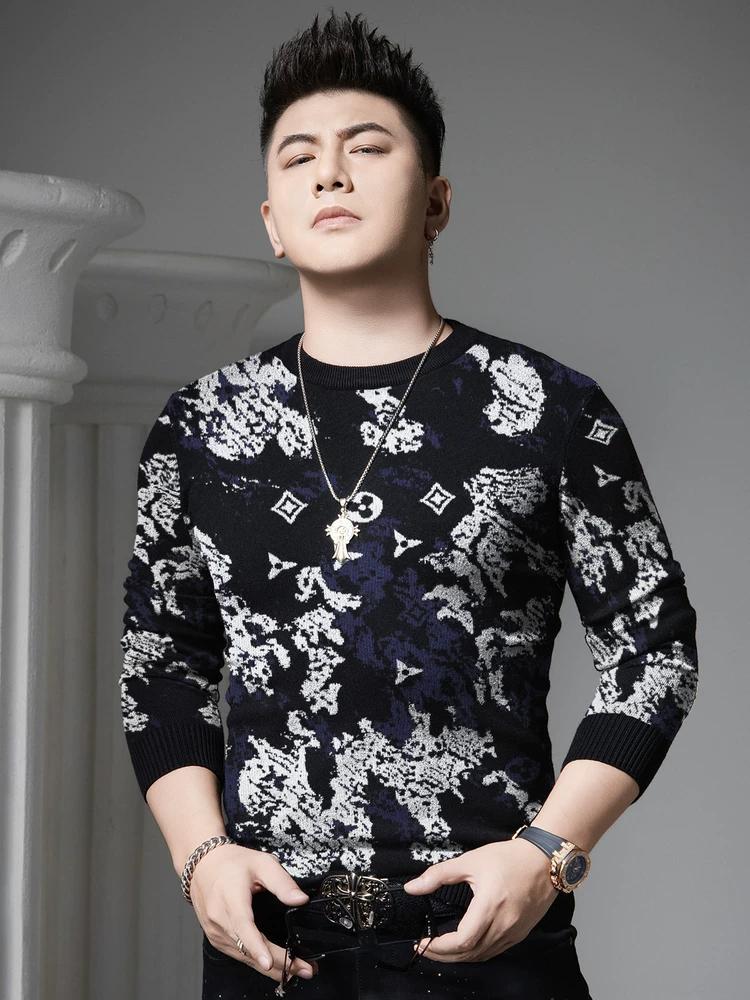 European Style Round Neck Sweater for Men, 2025 Autumn and Winter New Trendy Printed Base Knit Long-Sleeve Sweater