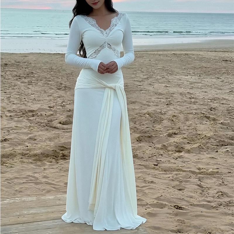 2026 Spring Women s Cross-border French Style Elegant Bell Sleeve Solid Color Long Dress Medium