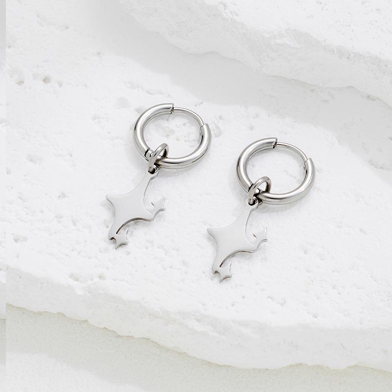 Cross-border Stainless Steel Star Pattern French Hoop Earrings for Women - Fashionable  Versatile Pendant Design стальной