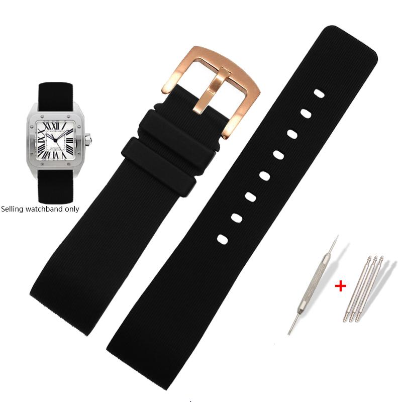 Watch Strap for Cartier Sandoz Santos 100 W20073X8 W20106X8 W2020008 Silicone Rubber Bracelet Men Women Black Belt 20 23 25mm