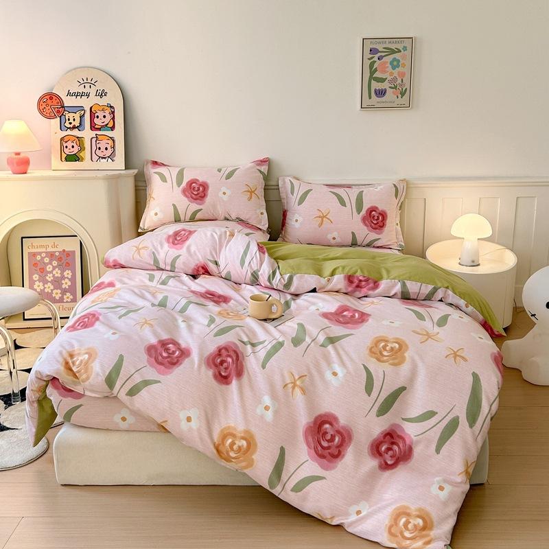 Pure cotton thickened and ground four-piece set of bedding, three-piece set of quilt cover for college students, bed sheets for mothers and babies in