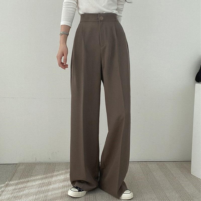 Office Lady British Retro Button Design Casual Pants For Women's Winter Straight Pants High Waist Women Pants