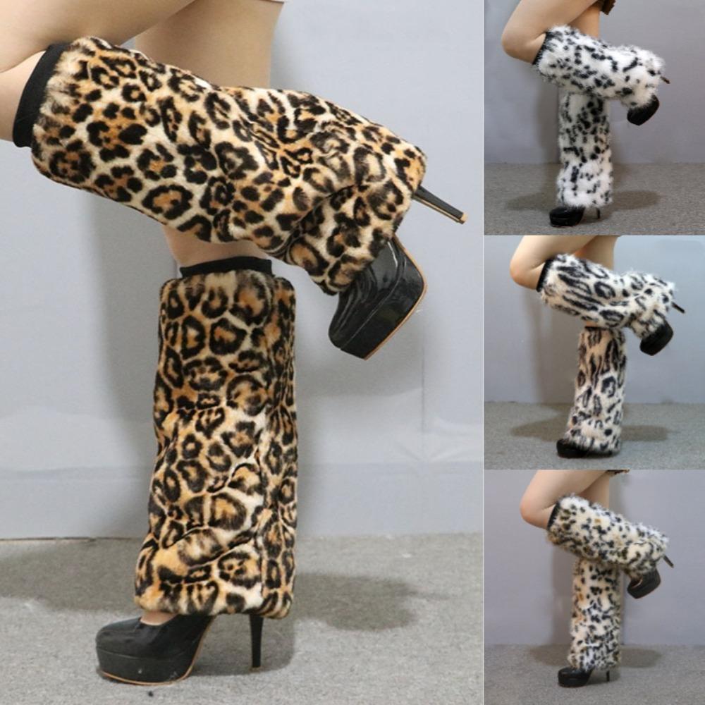 Soft Faux Fur Leopard Leg Warmers Thickened Y2K Long Tube Stockings Knee High Foot Cover Plush Boots Cover Autumn/Winter