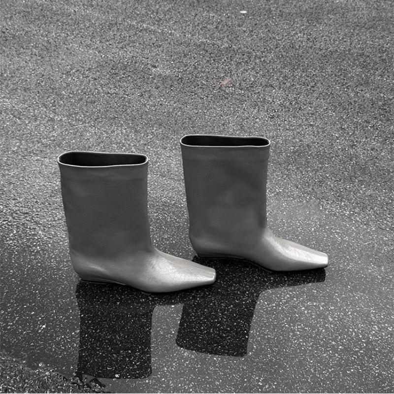 Cowhide version~ autumn and winter new simple square head versatile temperament low heel knight boots women's sleeve medium boots women's