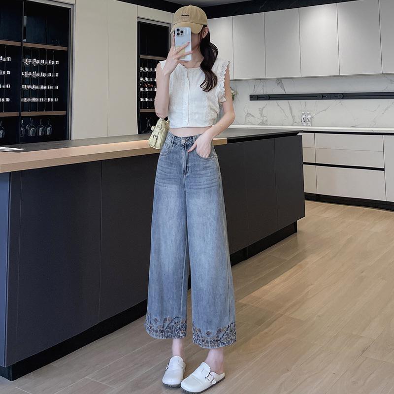 Eight-Minute Women's Floral Wide-Leg Jeans with Heavy Embroidery for Spring and Autumn