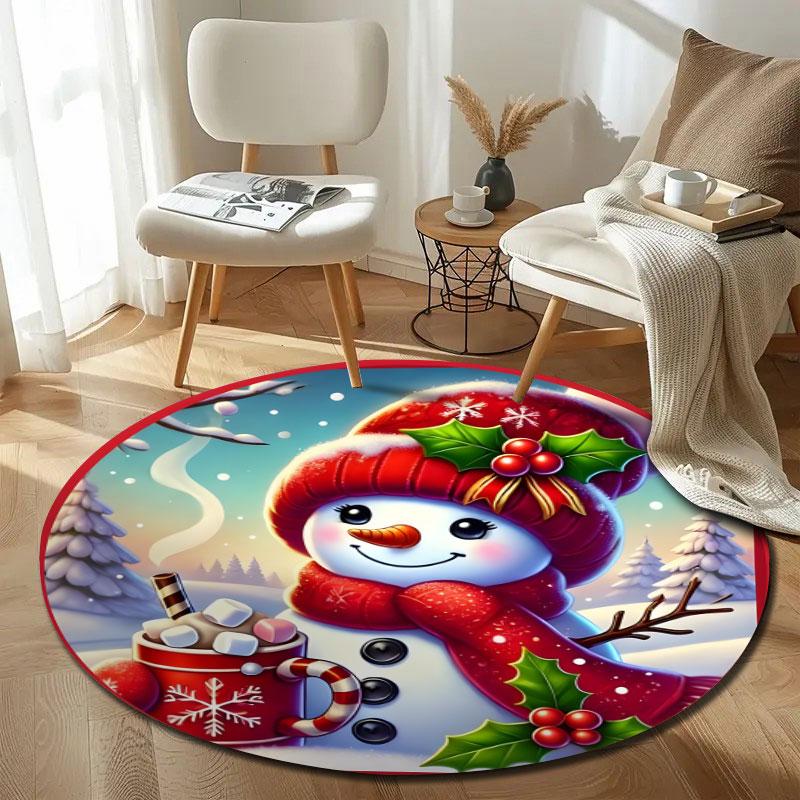 Snowman Christmas Holding a Cocoa Mug in the Snow Round Rug, Red White Christmas Style Design, Cozy Bedroom Living Room Playroom Nursery