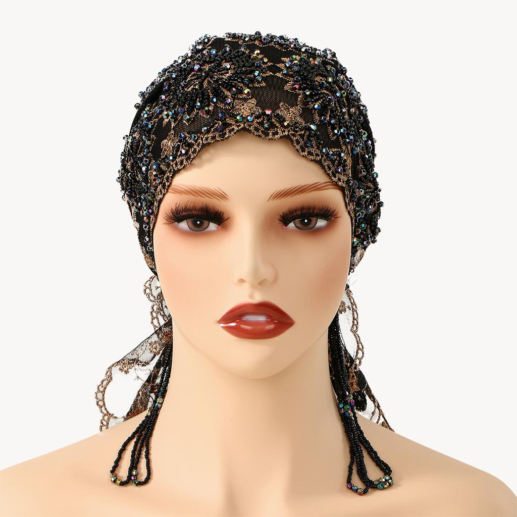 Ribbon Style Bead Embroidered Lace Hat Caps Woman Muslim Hijabs Luxury Dubai Bonnet Gorgeous Party Style Islam Turban Cap Hats