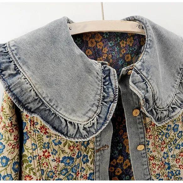 Women's Spring Long-Sleeved Peter Pan Collar Denim Jacket Autumn Design Casual Short Top