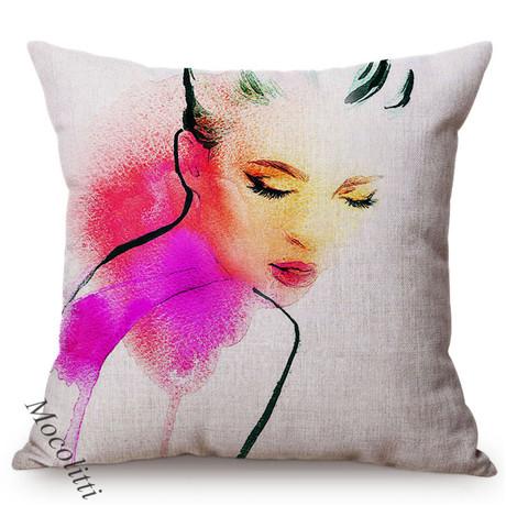 Fashion Woman Portrait Throw Pillow Case Pink Water Color Hand Painted Abstract Girl Decoration Square Cushion Cover Almofadas