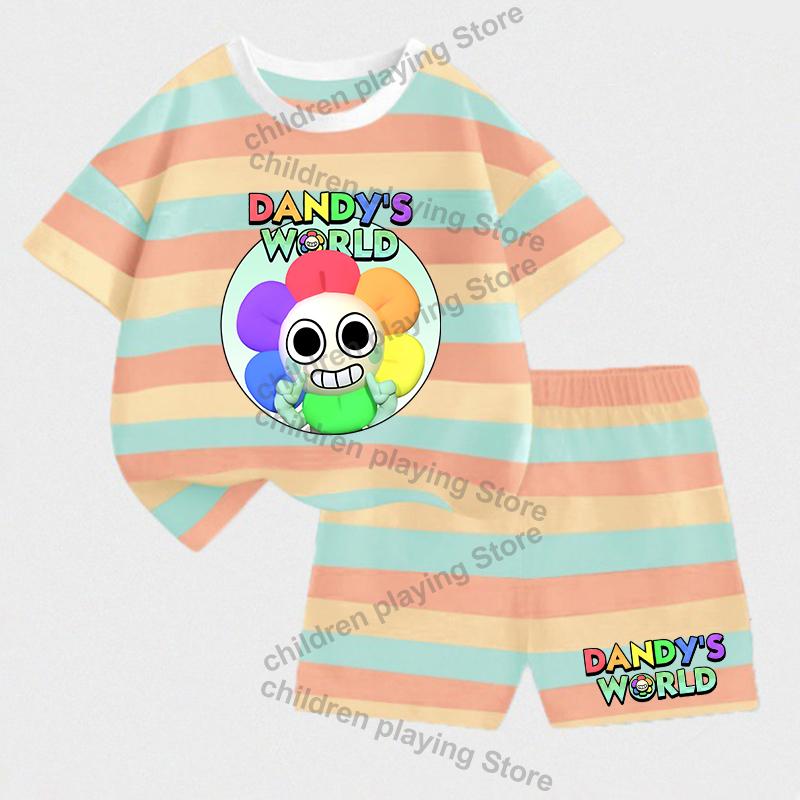 Dandys World Dziecięce Zestawy w Paski Lato Dziewczynki Chłopcy T-Shirt Szorty Garnitury Nadruk Kawaii Casualowa Odzież Sportowa Dziecięca Bielizna Nocna Prezenty