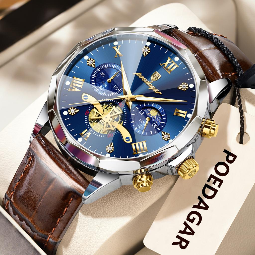 Luxury Men Wristwatch Quartz Waterproof Luminous Moon Phase Chronograph Leather Man Watch Male Reloj