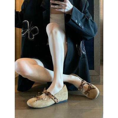 Single Shoes Suede Round Head Light Mouth Leopard Print Bow Inner Height Increase Mary Jane Ballet Shoes