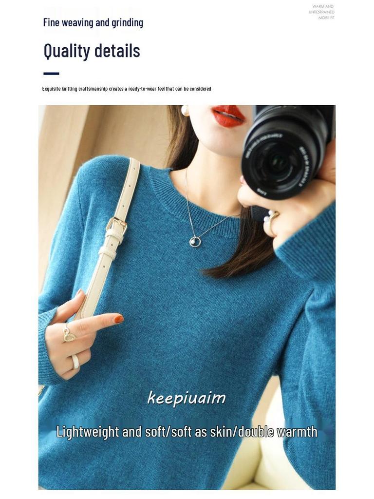 Women's Round Neck Solid Color Knitted Pullover Sweater - Autumn/Winter Long Sleeve Korean Style.