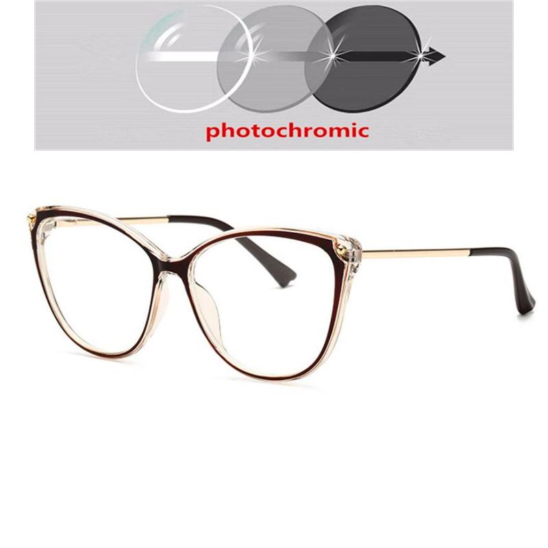 Big Frame Blue Light Blocking Cat Eye Glasses Women Photochromic Gray Prescription -6 To 0