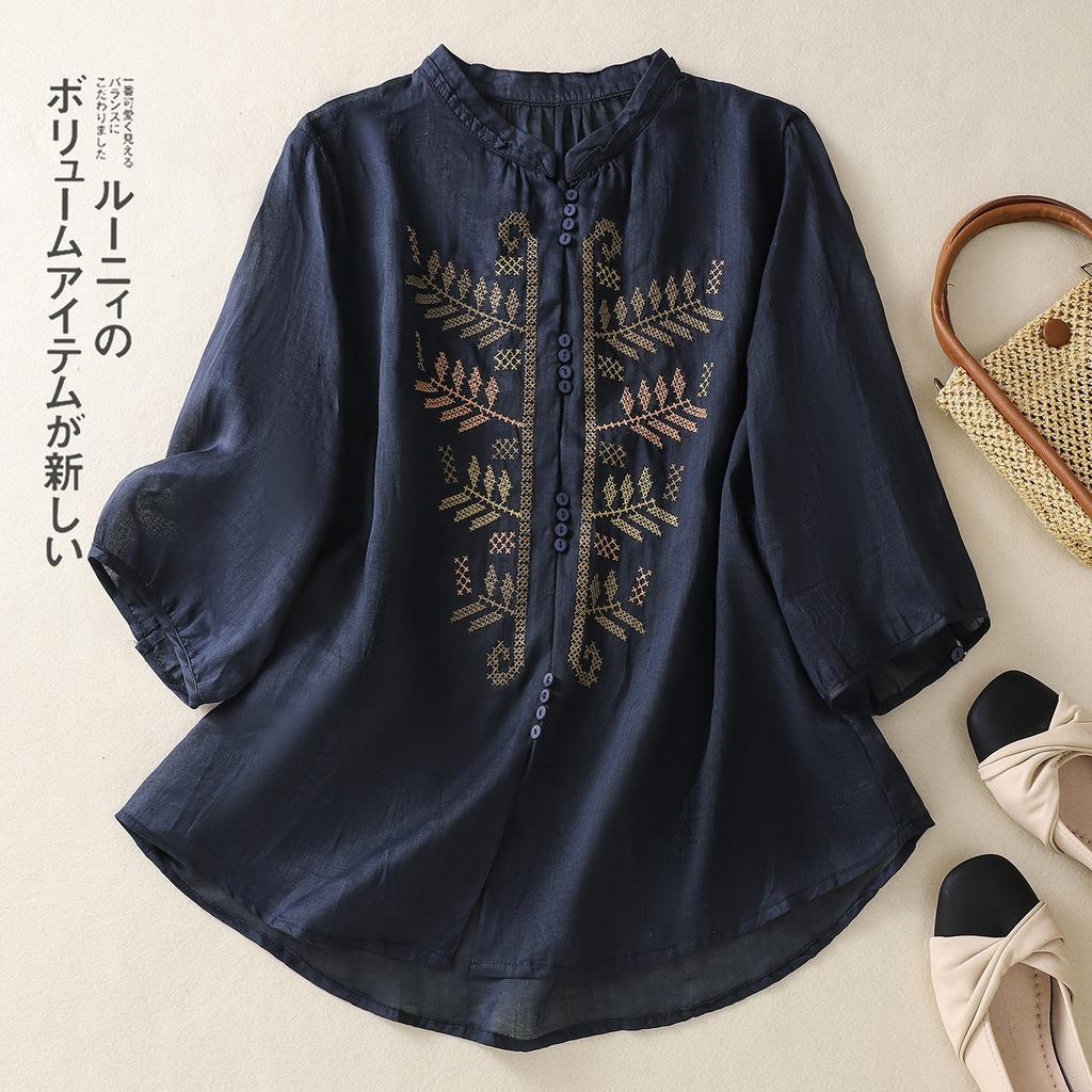 2025 summer new natural wind leaf embroidered cotton and linen shirt women's retro stand-up collar seven-quarter sleeve cardigan top