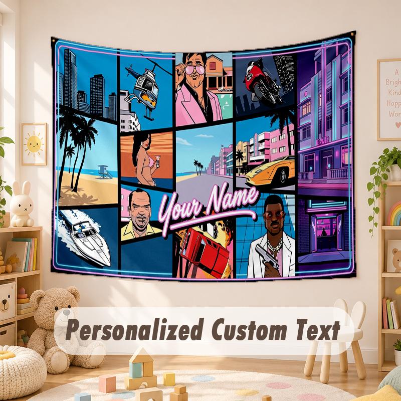 Arazzo Personalizzato con Nome e Testo, Appeso da Parete Boho GTA, Arazzo Decorativo per Sfondo Stanza