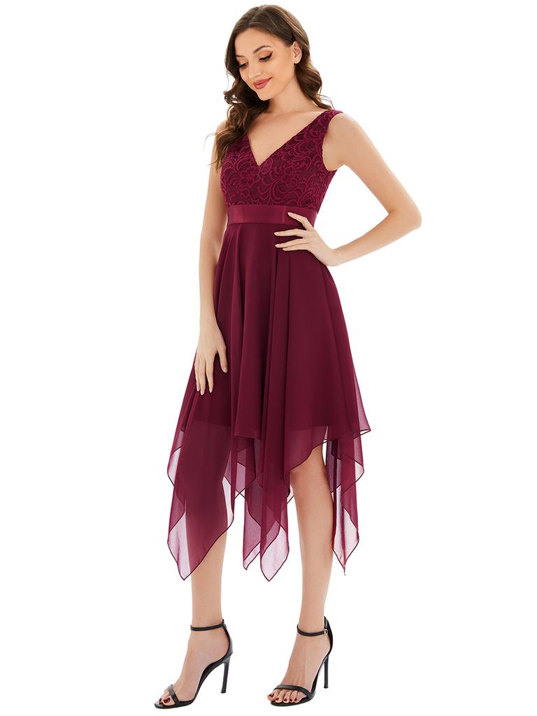Ever-Pretty Women's Double V-Neck Empire Waist Lace Chiffon Asymmetrical Hem Prom Dresses