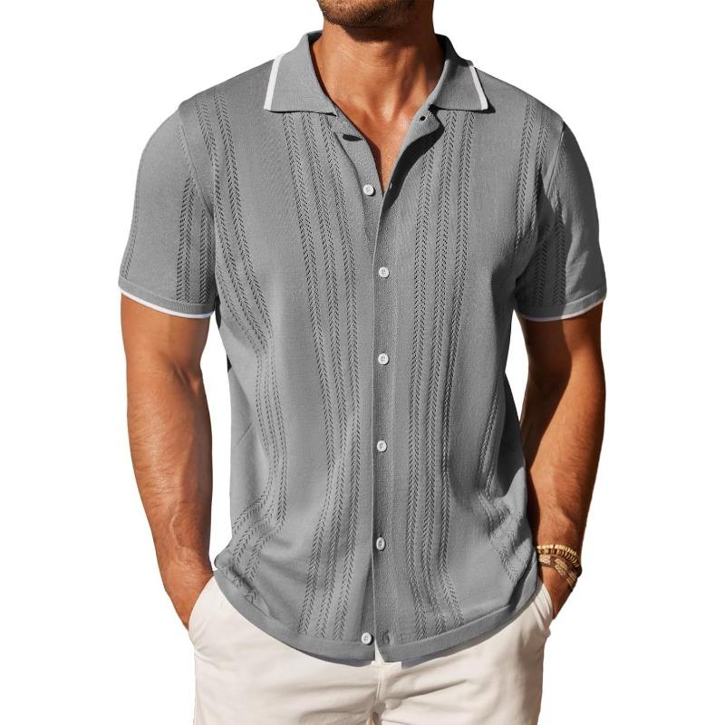 Mens Contrast Trim Short Sleeve Knit Polo Shirt Button Down Hollow Out Casual Summer Top