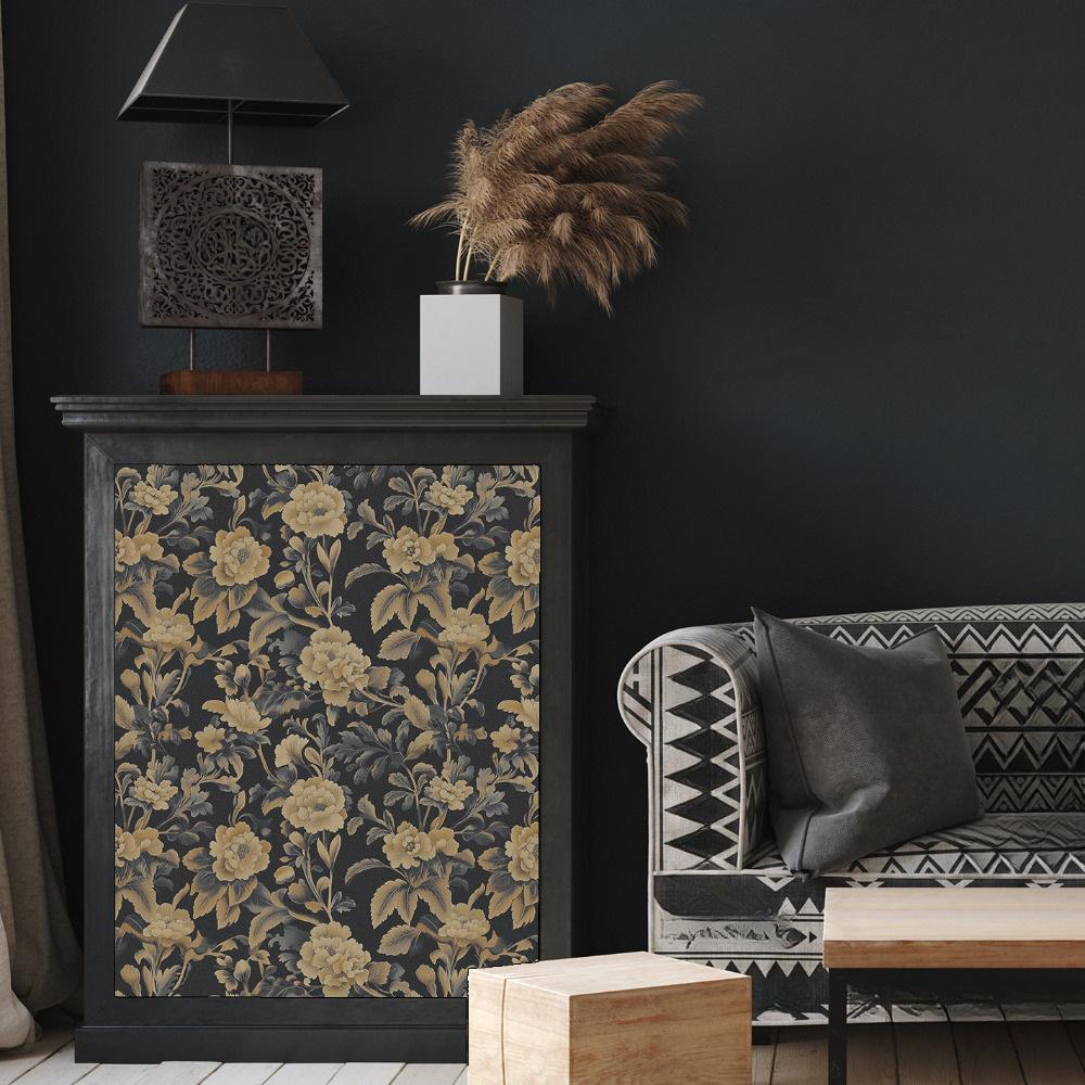 1pc Golden Flowers Self-Adhesive Wallpaper Black Background Removable Wall Stickers Peel and Stick DIY Friendly Water-Resistant Vintage Wall Decor
