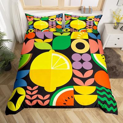 Gelbe Zitrone Königin Bettbezug Cartoon Früchte Aquarell Bettwäscheset Bunt Kirschblätter Geometrie Polyester Steppdeckenbezug