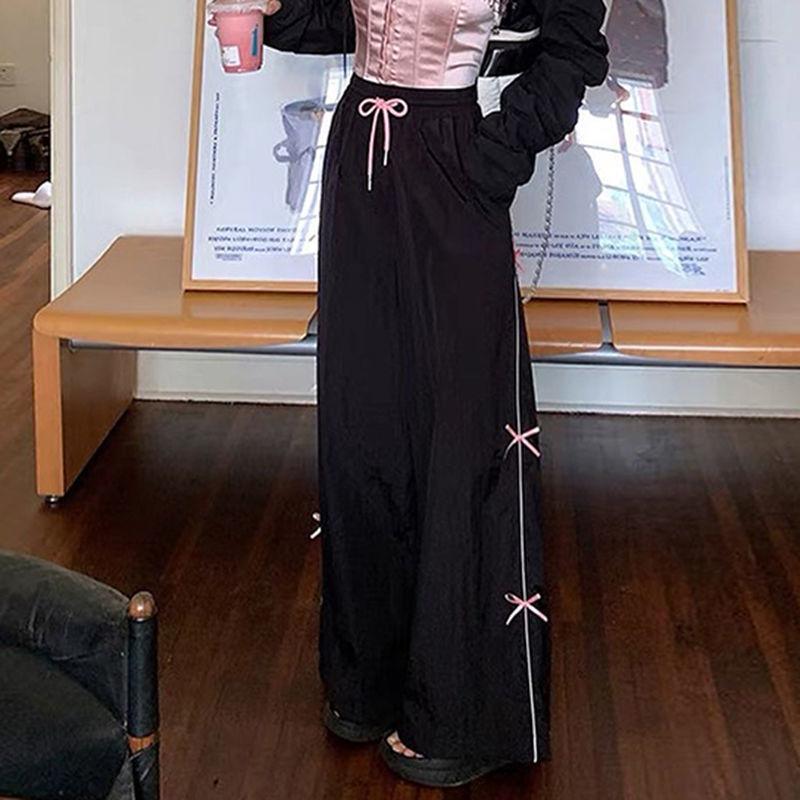 Women's Summer American Y2K Bow Side Stripe Design Lounge Pants - Straight Loose Flared Dance Trousers for Slimming Look