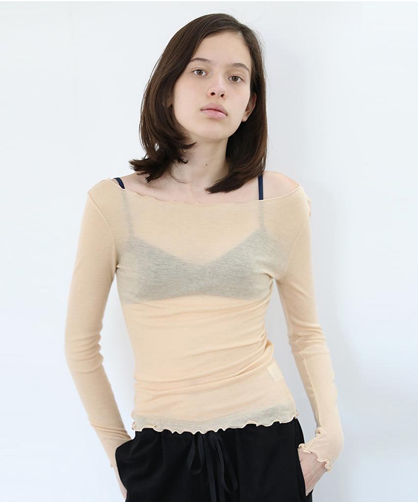 Peulmo See-Through Frill Long Sleeve Top [Light Beige]
