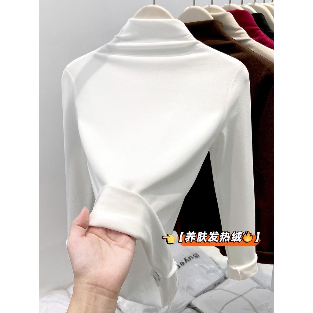 Double-sided German velvet inner top women's spring semi-turtleneck long-sleeved T-shirt temperament versatile bottoming shirt