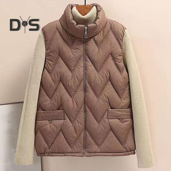 Women Winter Vest Thickened Padded Sleeveless Windproof Stand Collar Heat Retention Neck Protection Pockets Loose Cardigan Outdoor Waistcoat