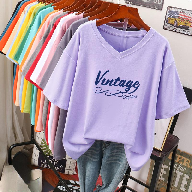 Dámské tričko s krátkým rukávem, Velká velikost, Volné a zeštíhlující, Potištěný top s výstřihem do V