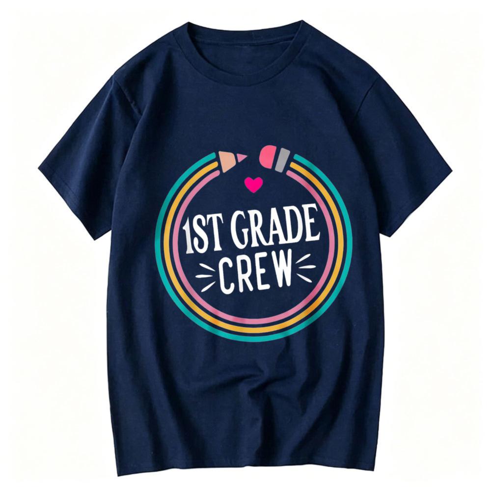 st Grade Crew Rainbow Circle Pencil Heart Graphic TShirt Teacher Student Back To School Casual Cotton Short Sleeve Basic Tops