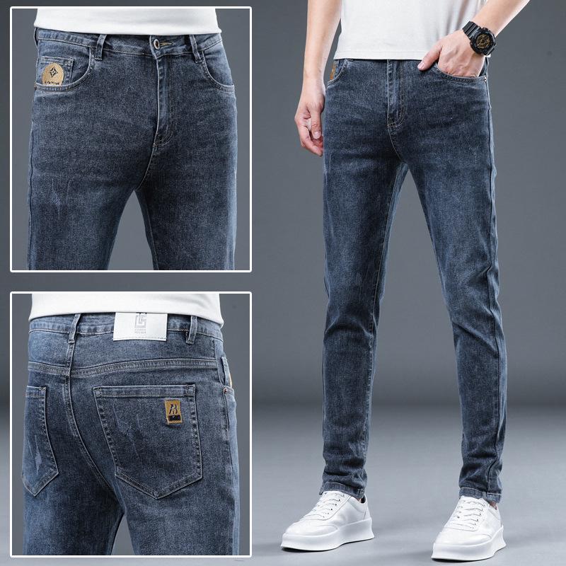 Xintang Men's Trendy Letter Print Slim Straight Jeans - All-Season Casual Style