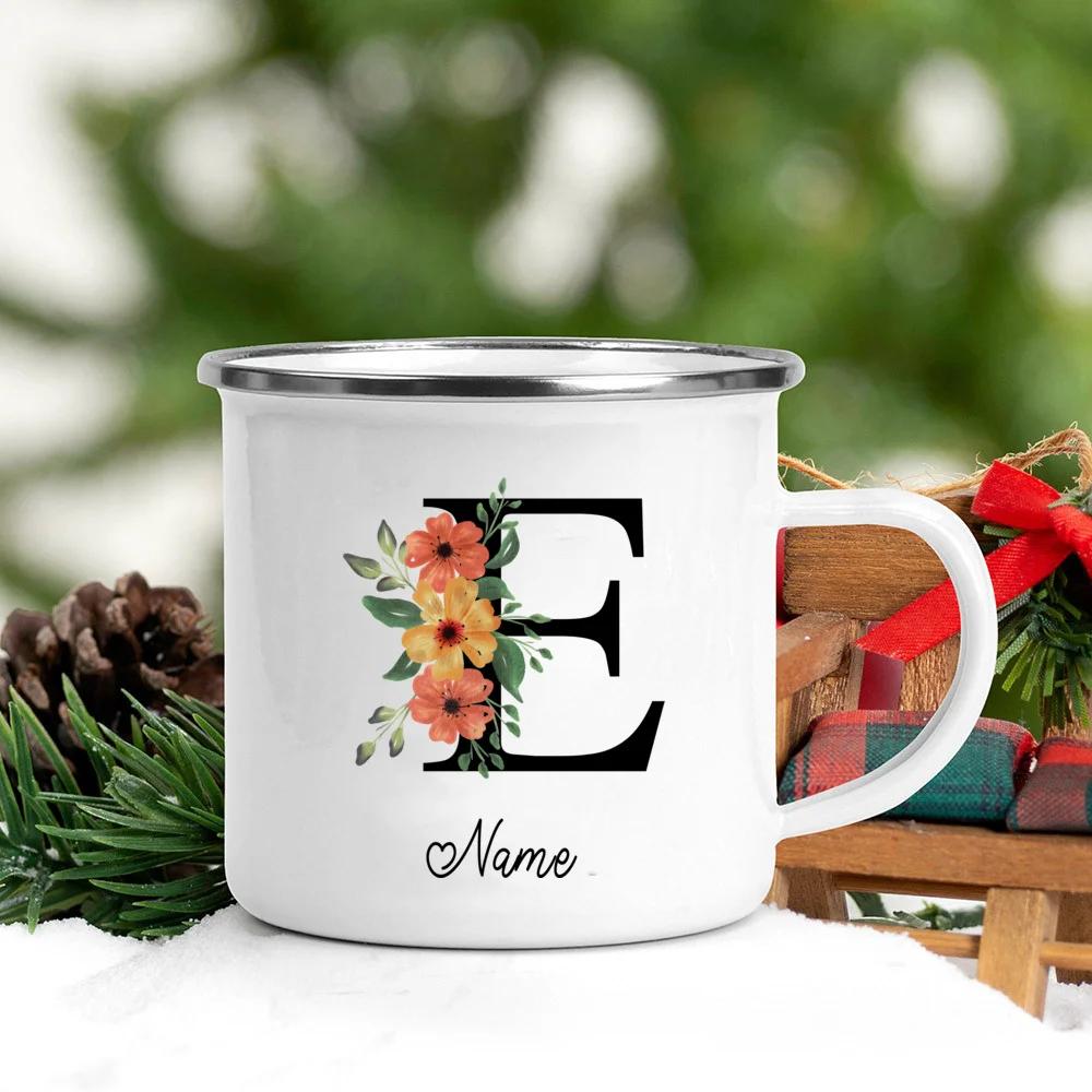 Personalisierte Namens Emailletasse Benutzerdefinierte Blume Buchstabe Alphabet Tasse Camping Henkel Kaffee Tee Milch Tassen Festliche Geburtstagsgeschenke