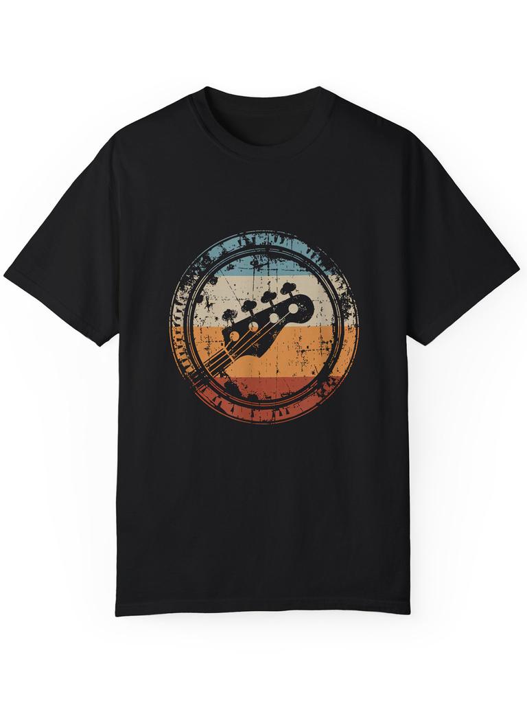 Mens casual Tshirt short sleeved guitar pattern design black with orange and red stripes lightweight and breathable in summer