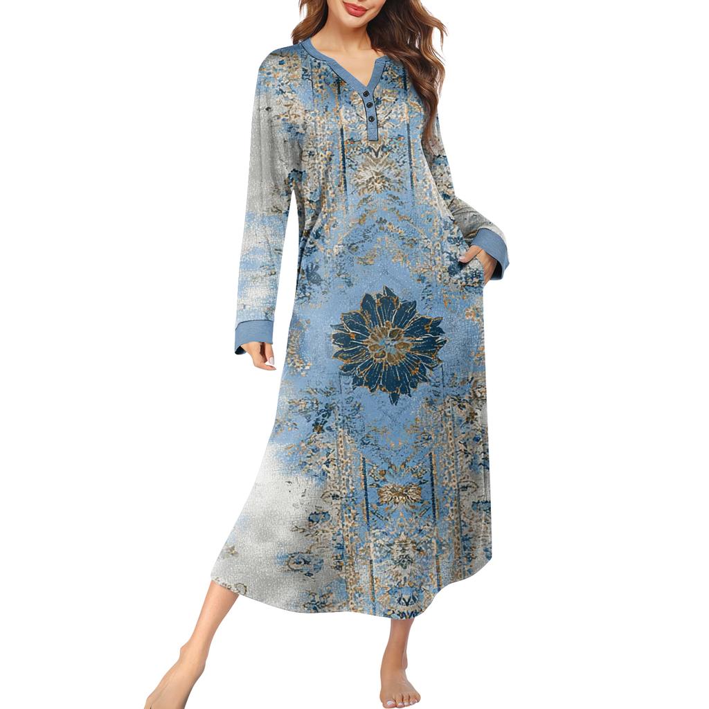 Dámská noční košile dlouhá společenská V-výstřih noční košile s kapsami