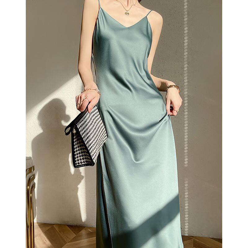 Demana Elegant Glossy Satin V-Neck Midi Slip Dress