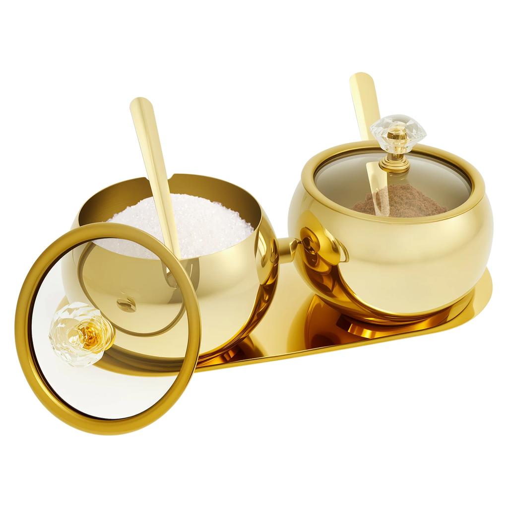 Stainless Steel Sugar Jars Salt Spice Condiment Containers with Glass Lids and Spoon Rust-proof Kitchen Condiment Storage Bowls