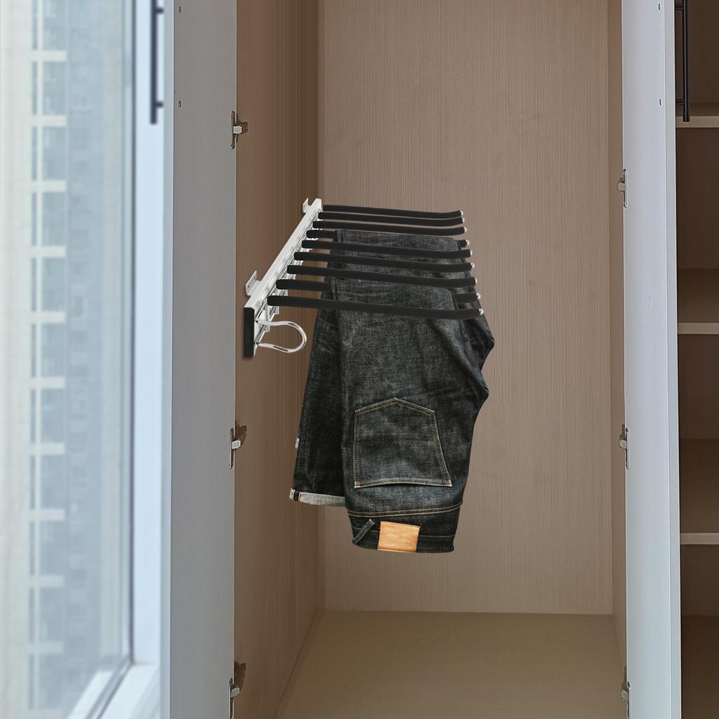 9-Rod Slide-Out Pants Rack – Heavy Duty Wardrobe Organizer with Anti-Slip Flocking – Black/Silver