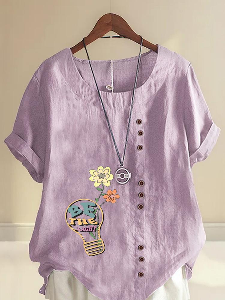 Women's Fashion Flower Print Round Neck Short Sleeve T-shirt Summer Casual Cotton Linen Graphic Shirt Leisure Loose Blouse Tops