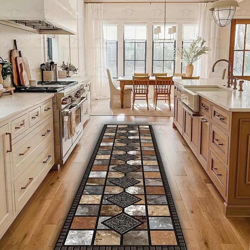 Retro Plaid Long Carpet Welcome Mat Kitchen Rug Runner Rug Living Room Carpet Bedroom Bedside Floor Mat Home Decoration
