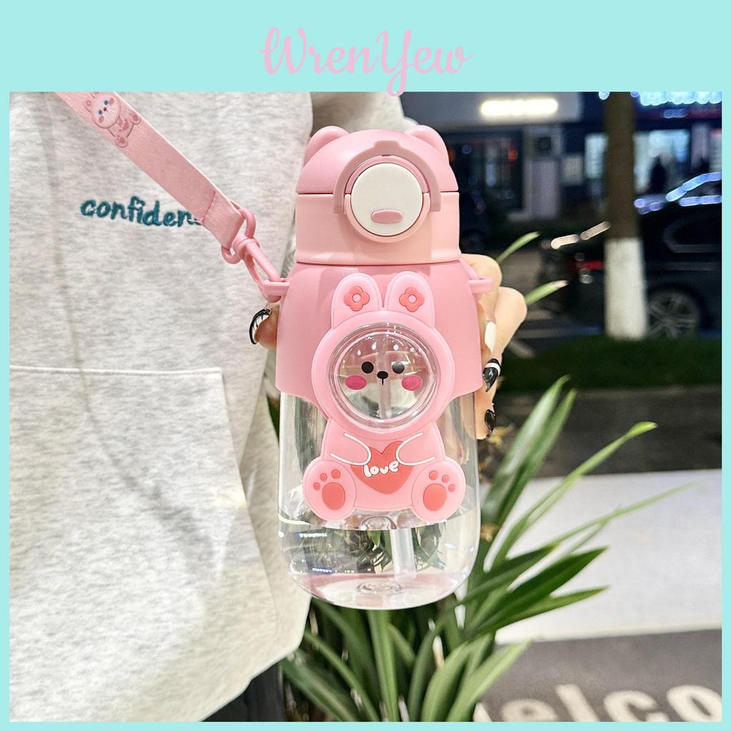Plastic Kids Water Bottle With Straw And Cartoon Design For School And Travel