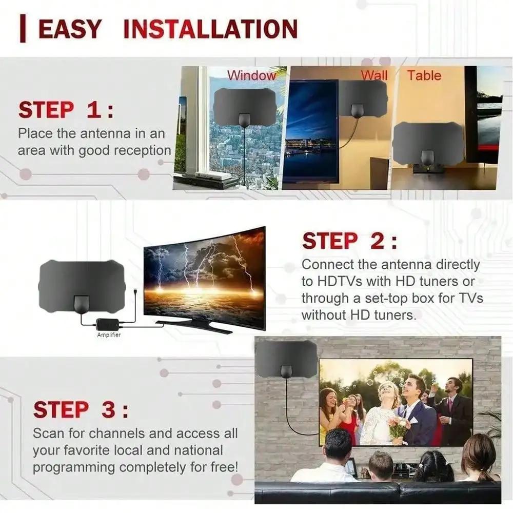 TV Antenna 4K 25DB High Gain HD TV DTV Box Digital EU Plug 3000 Miles Booster Active Indoor Aerial Flat Design