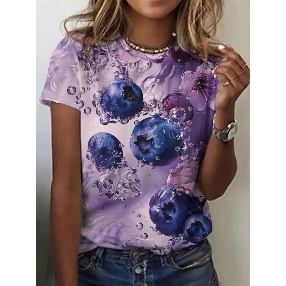 

Colorful Roses Delicious Fruits Print Summer Creative T-shirt Round Neck Comfortable Soft Breathable Minimalist Daily Short Sleeved T-shirt 6XL фіолетовий