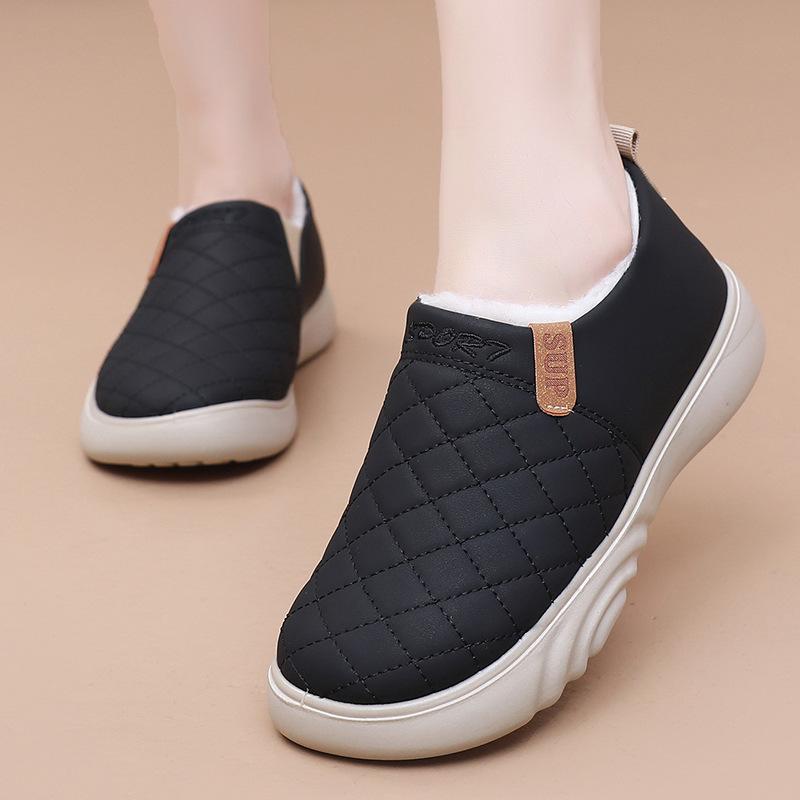 New Winter PU Waterproof and Warm Loafers, Piled and Thickened Wool Mother Shoes, Thick-soled One-pedal Lazy Shoes