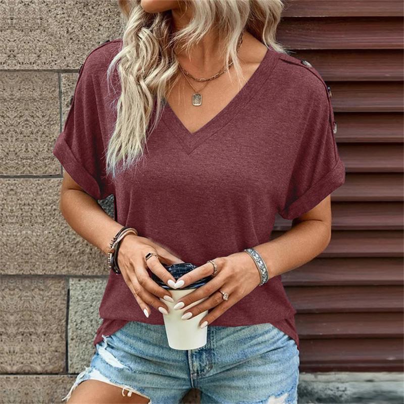 Summer Cotton Tops Women Blouses Casual V-Neck Solid Button Street Hipster Short Sleeve Shirts Clothes