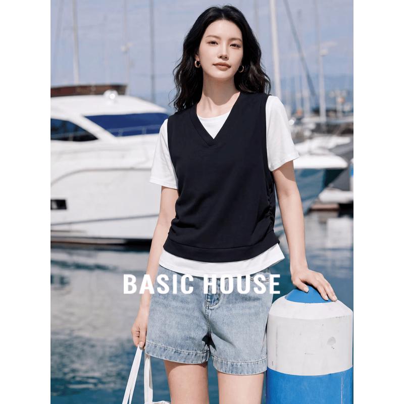 Basic House Women s Fake Two-Piece V-Neck Short Sleeve T-Shirt One Size